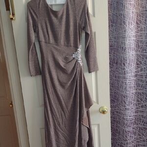 Xscape Shimmering Long Sleeve Evening Gown in Silver